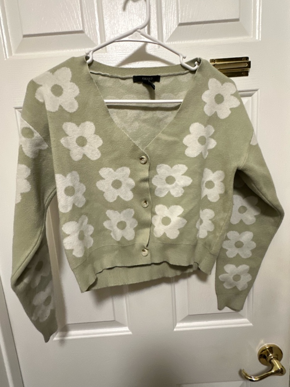 Forever 21 Sage Green and White Floral V-Neck Button Cardigan